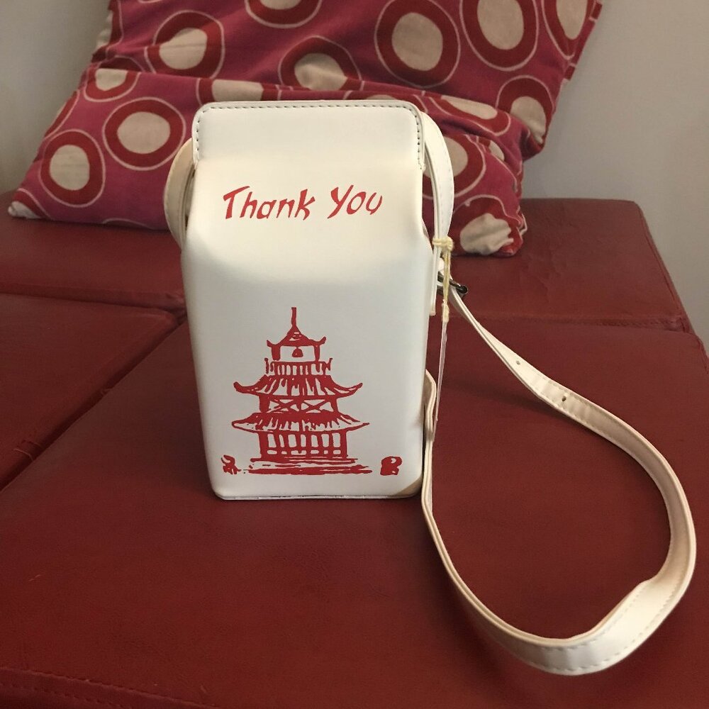 white vegan leather "Take-Out Box Purse" with long strap, unused like new
